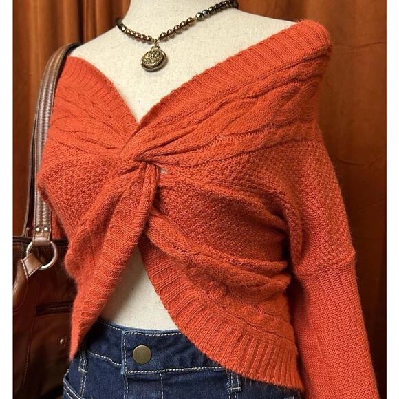 Y2K Women’s Off Shoulder Cropped Wrap Sweater Size L Chunky Knit Fall Sweater - Picture 3 of 7